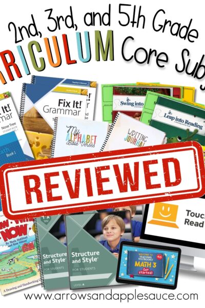 Looking back on our second, third, and fifth-grade resources! It's time for a curriculum review of our core subjects! #curriculumreview #secondgrade #thirdgrade #fifthgrade #homeschoolcurriculum #allaboutreading #teachingtextbooks #fixitgrammar #iew #typinglessons #homeschoolfamily